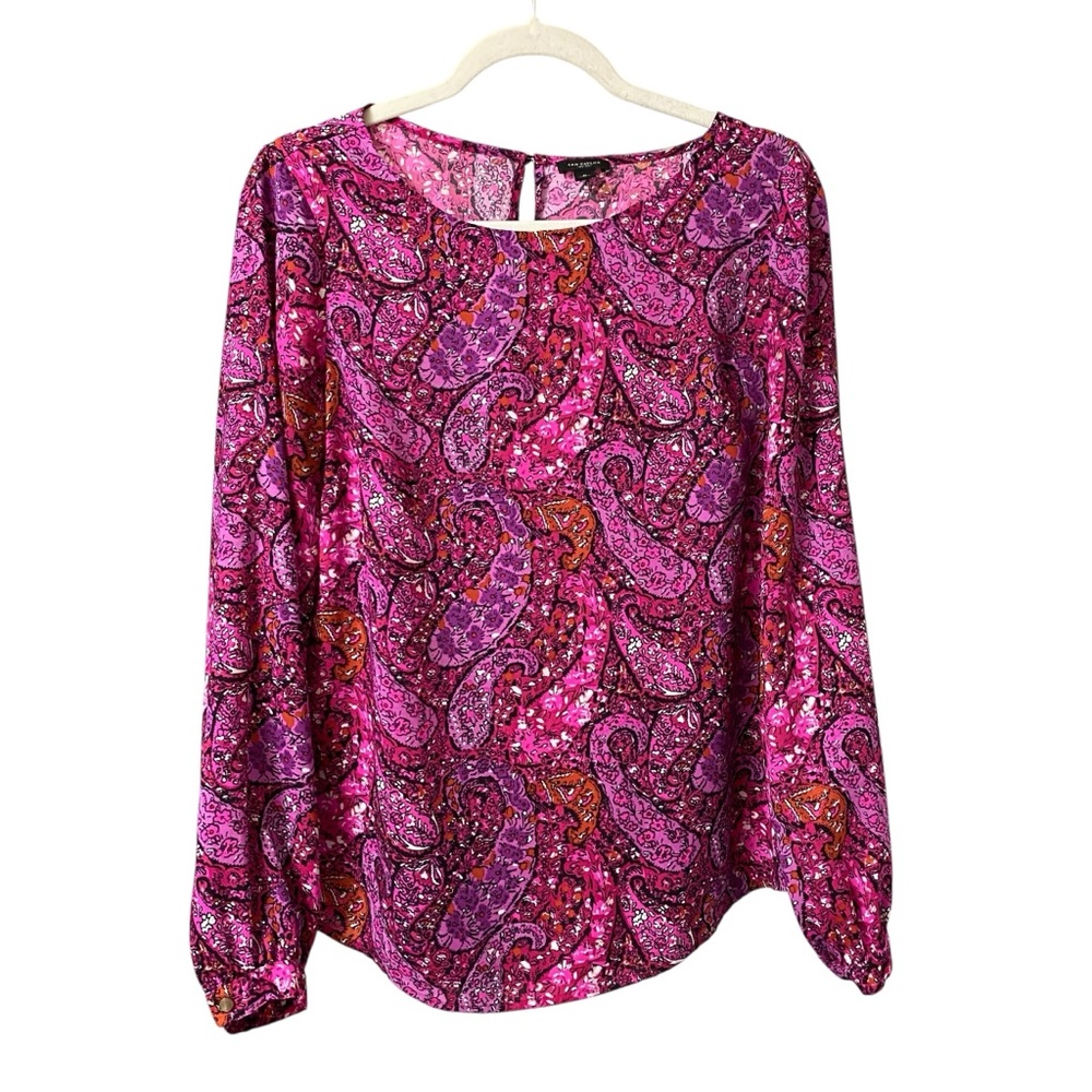 Ann Taylor pink purple bright colorful paisley floral print summer blouse size 8